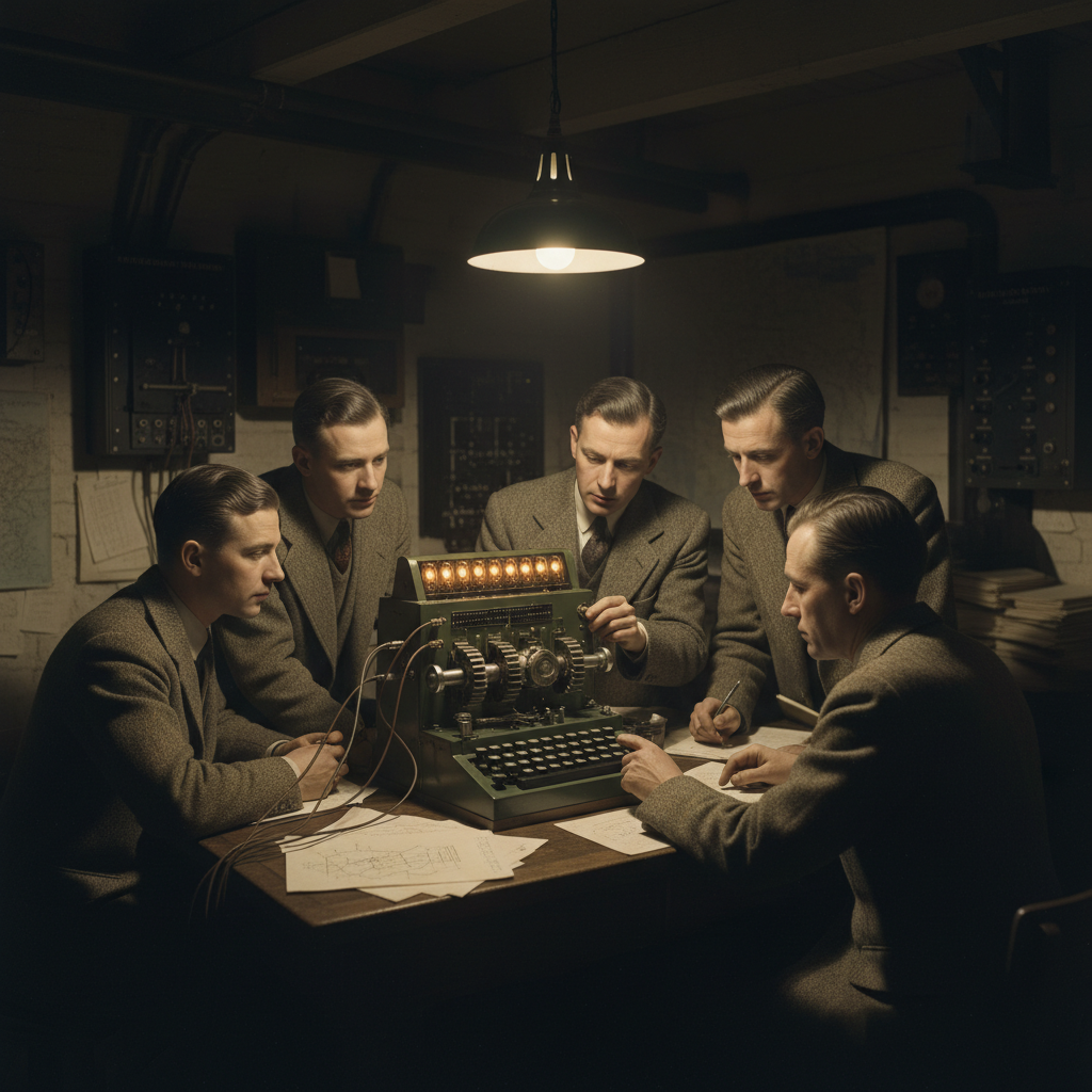 World War II Enigma cipher machine with rotors at Bletchley Park codebreaking station
