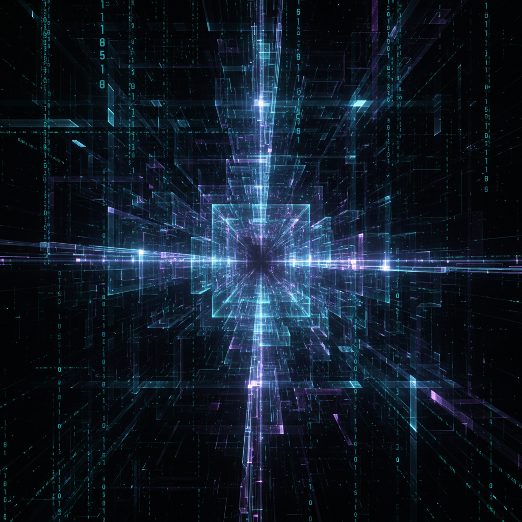 Modern digital cryptography with glowing binary code streams and quantum computing visualization
